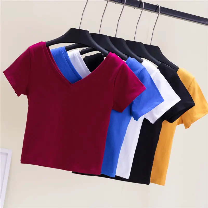 Women V-Neck Blue T-Shirt Short Sleeve High Waist - Image 9