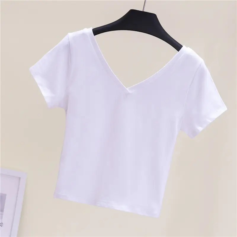 Women V-Neck Blue T-Shirt Short Sleeve High Waist - Image 2