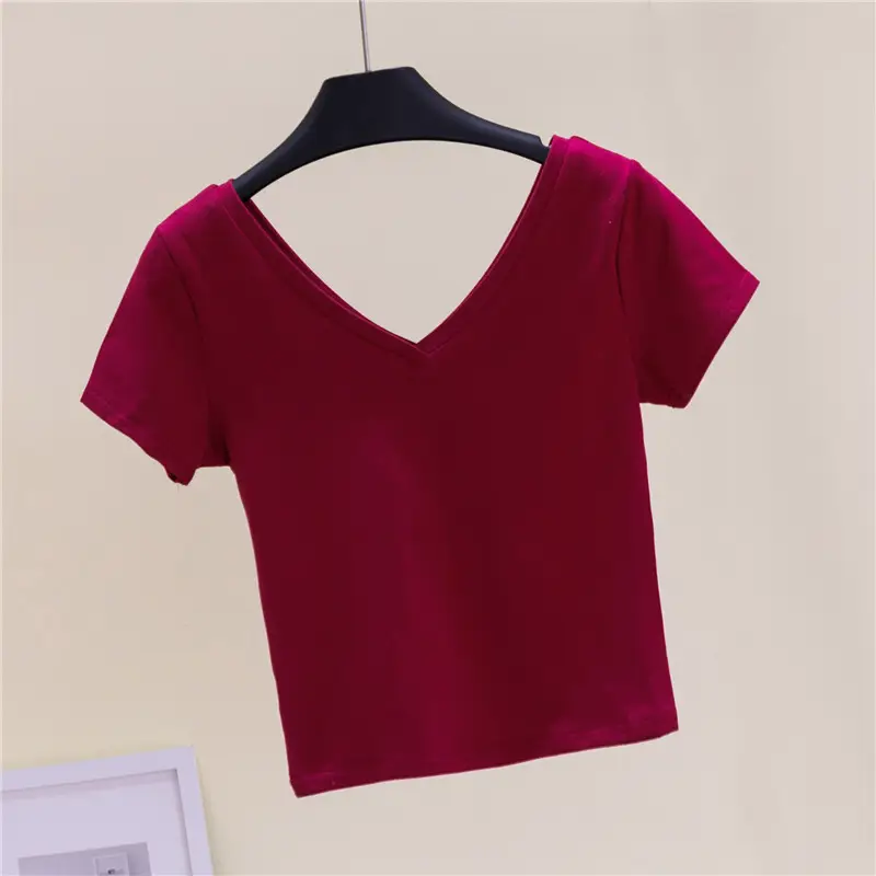 Women V-Neck Blue T-Shirt Short Sleeve High Waist - Image 3