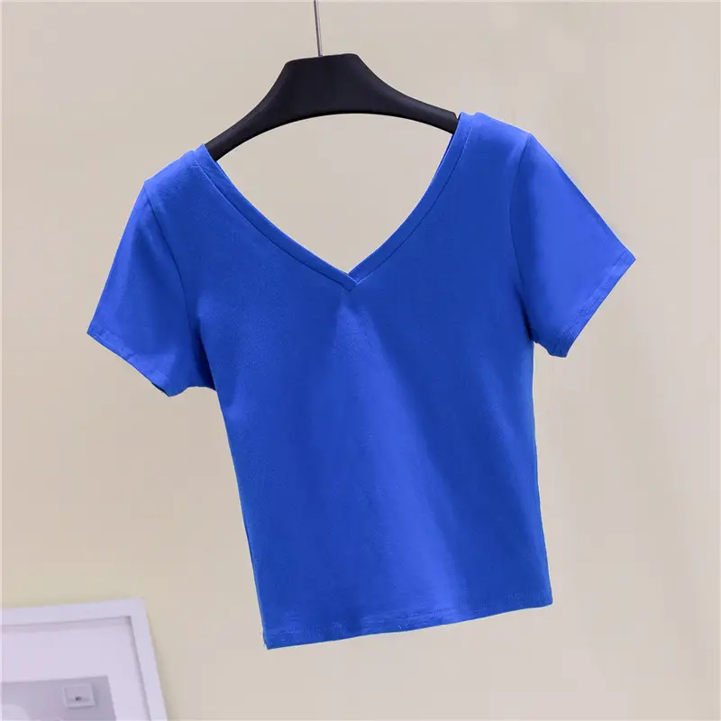 Women V-Neck Blue T-Shirt Short Sleeve High Waist - Image 5
