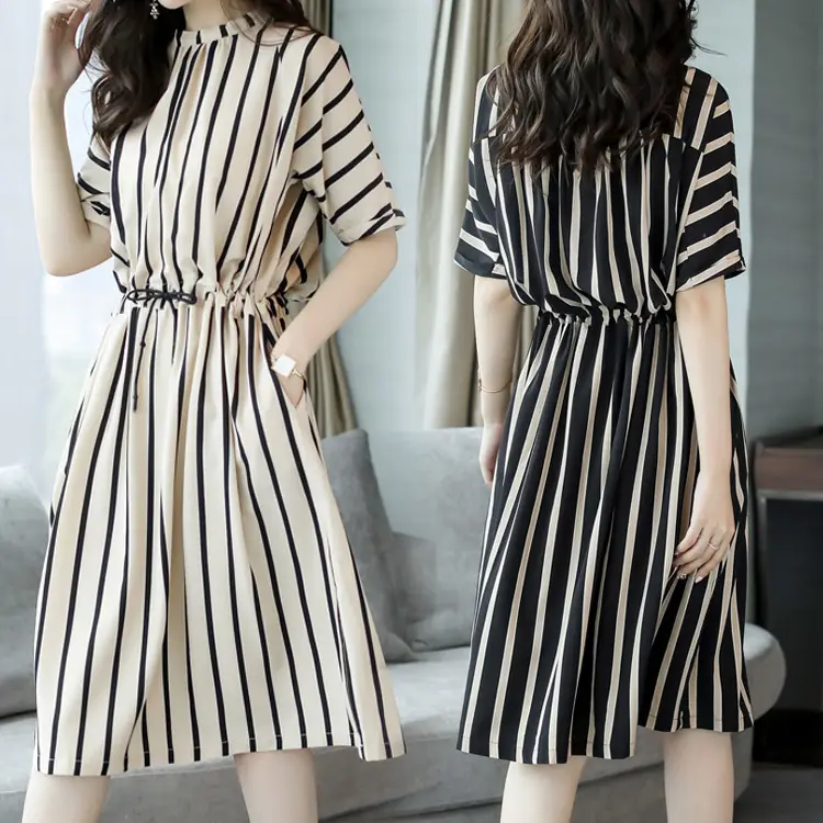 Women Striped A-Line Dress Summer New Korean Style - Image 4