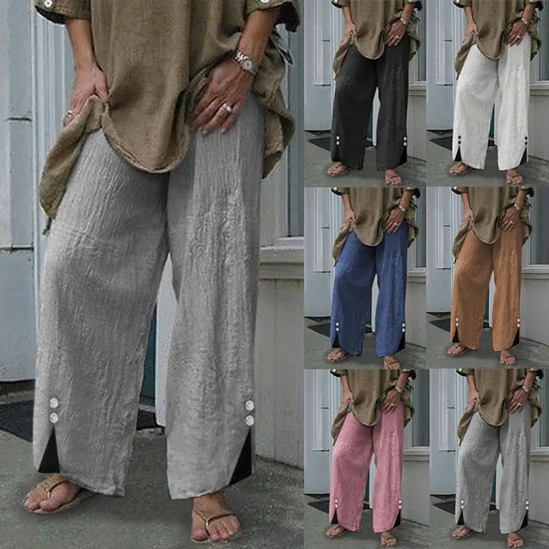 Women's Wide Leg Button Pants Black Summer Casual Trousers - Image 6