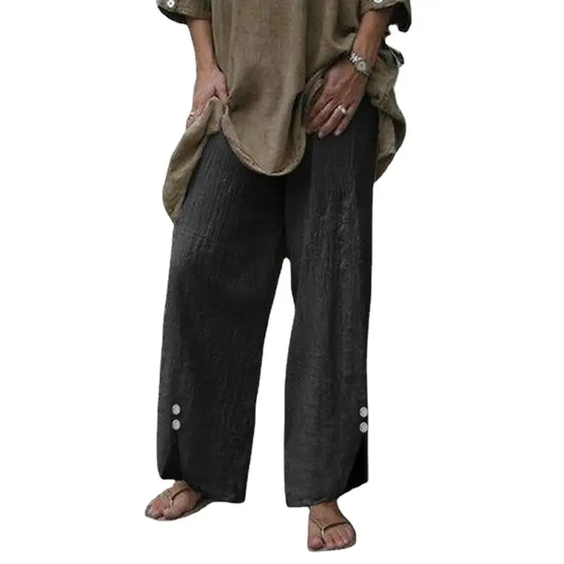 Women's Wide Leg Button Pants Black Summer Casual Trousers - Image 9