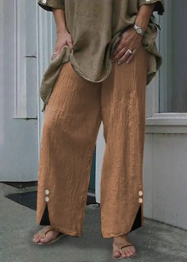 Women's Wide Leg Button Pants Black Summer Casual Trousers - Image 2