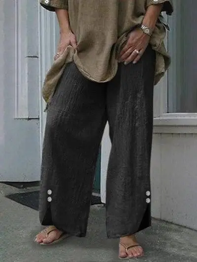 Women's Wide Leg Button Pants Black Summer Casual Trousers - Image 3