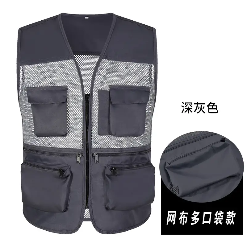Blue Mesh Zipper Vest for Men with Multiple Pockets - Image 8