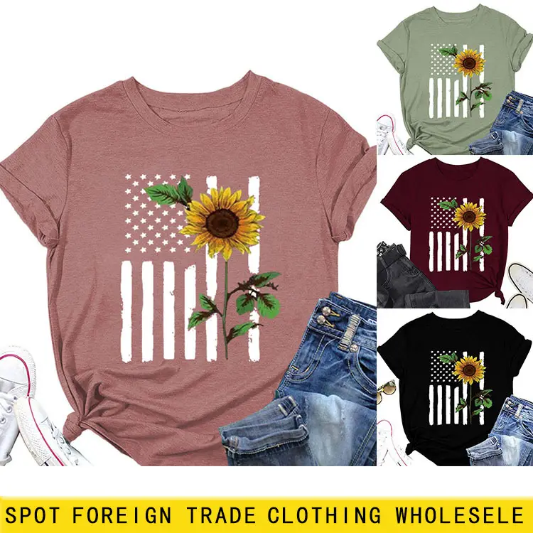 Women Sunflower Printed T-Shirt Orange Short Sleeve