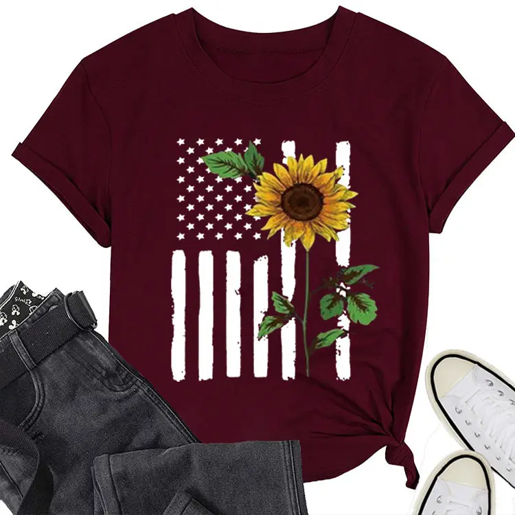 Women Sunflower Printed T-Shirt Orange Short Sleeve