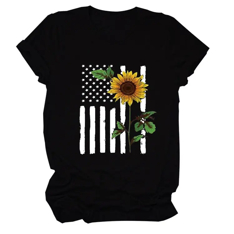 Women Sunflower Printed T-Shirt Orange Short Sleeve