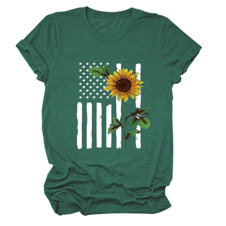 Women Sunflower Printed T-Shirt Orange Short Sleeve