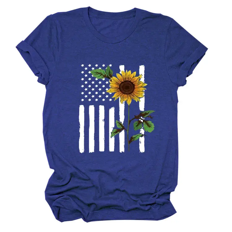 Women Sunflower Printed T-Shirt Orange Short Sleeve