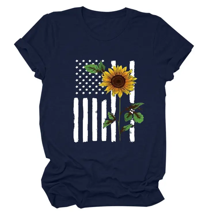 Women Sunflower Printed T-Shirt Orange Short Sleeve