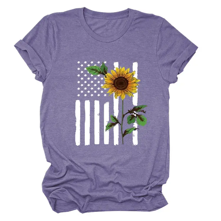 Women Sunflower Printed T-Shirt Orange Short Sleeve