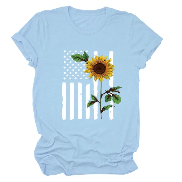 Women Sunflower Printed T-Shirt Orange Short Sleeve
