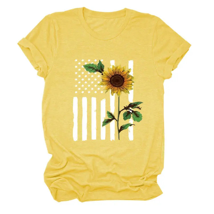 Women Sunflower Printed T-Shirt Orange Short Sleeve