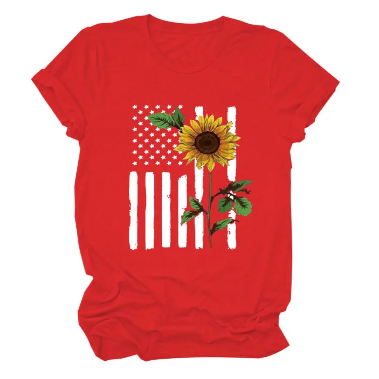 Women Sunflower Printed T-Shirt Orange Short Sleeve