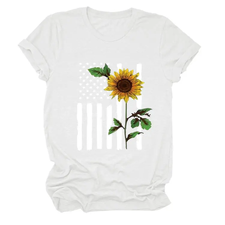 Women Sunflower Printed T-Shirt Orange Short Sleeve