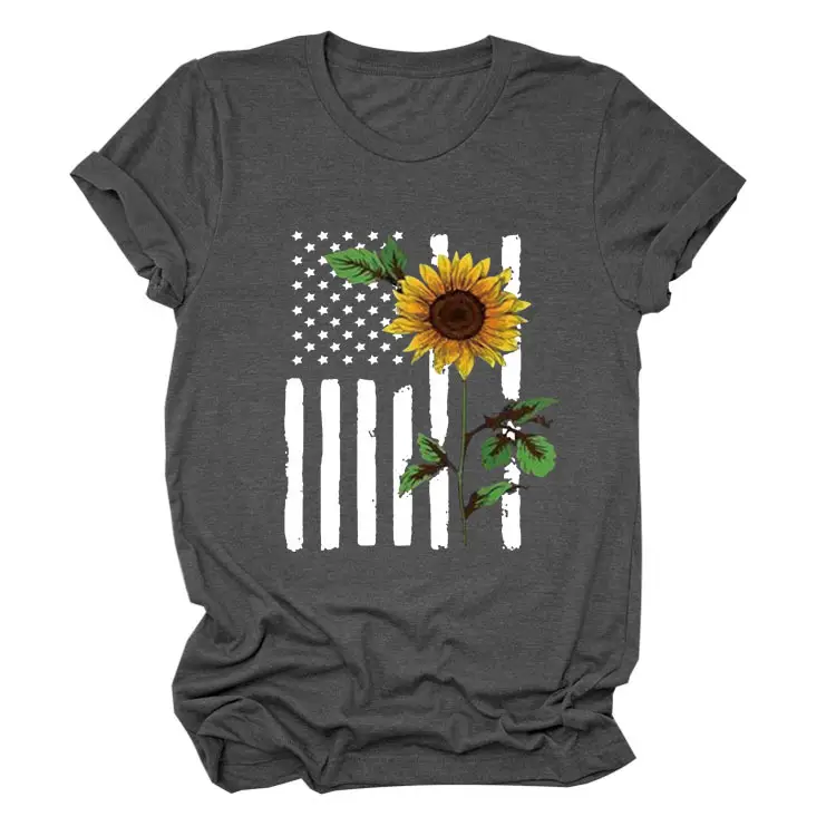 Women Sunflower Printed T-Shirt Orange Short Sleeve