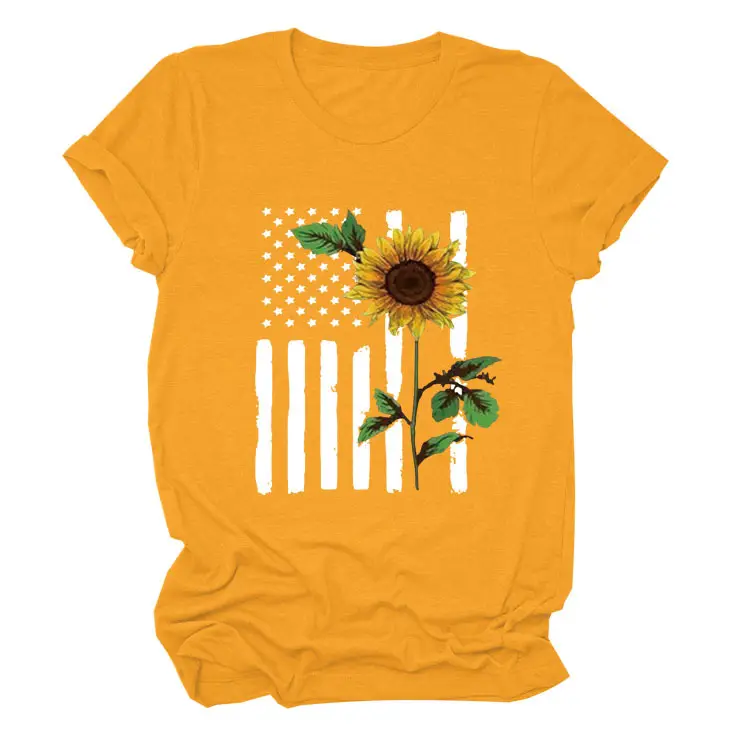 Women Sunflower Printed T-Shirt Orange Short Sleeve
