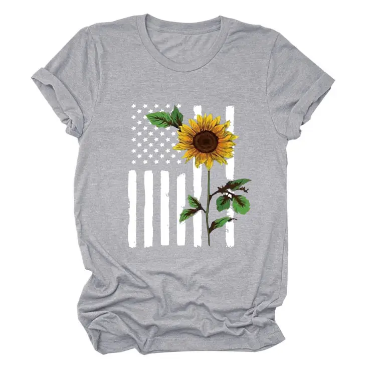 Women Sunflower Printed T-Shirt Orange Short Sleeve