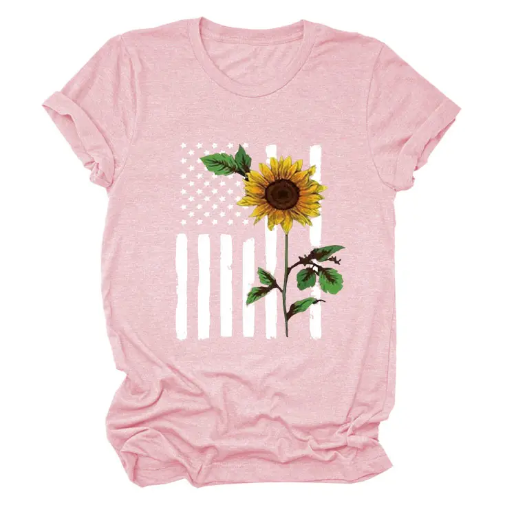 Women Sunflower Printed T-Shirt Orange Short Sleeve