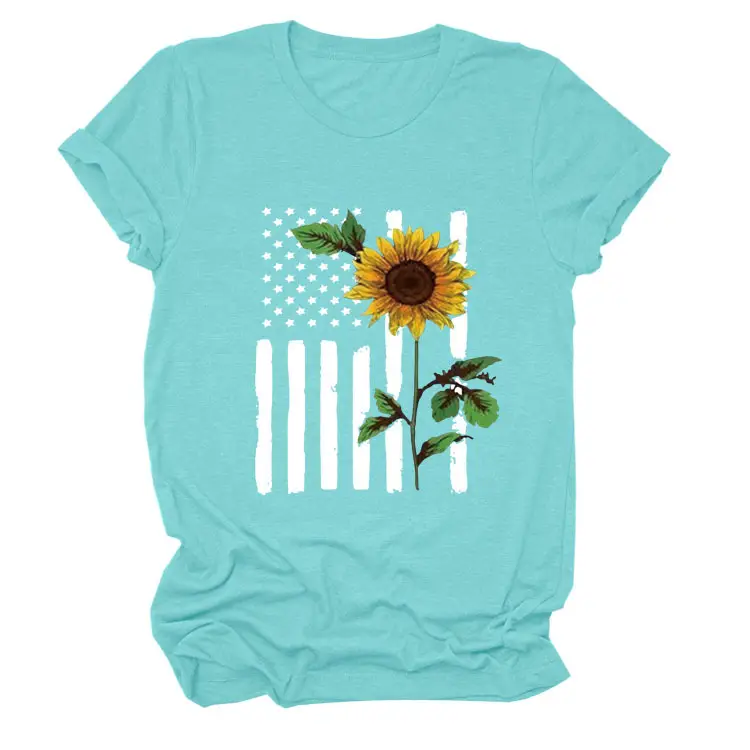 Women Sunflower Printed T-Shirt Orange Short Sleeve