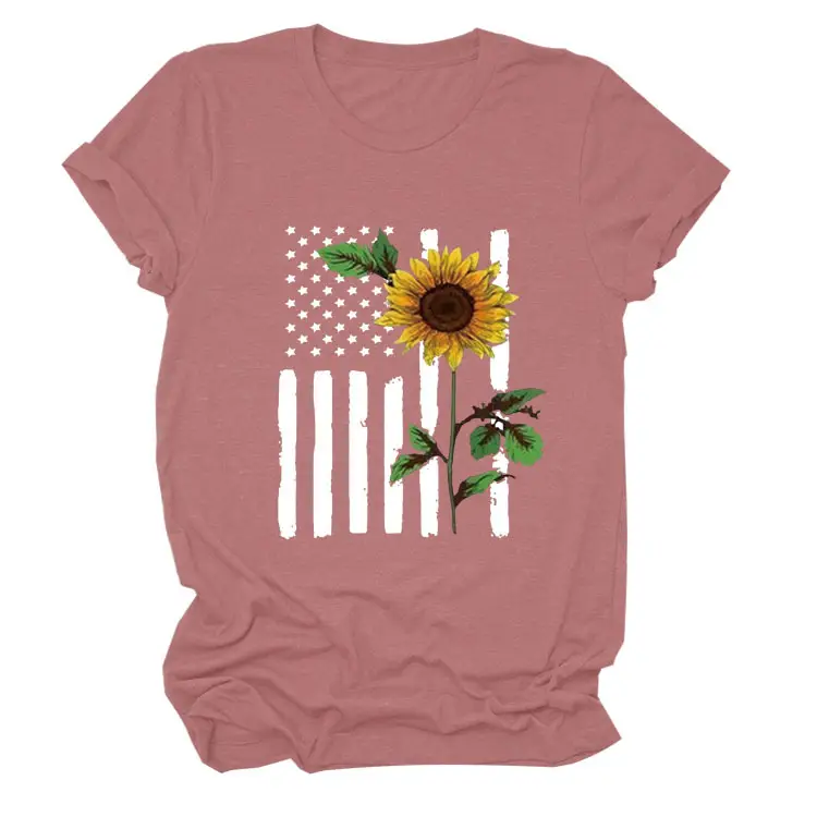 Women Sunflower Printed T-Shirt Orange Short Sleeve