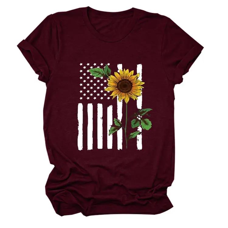 Women Sunflower Printed T-Shirt Orange Short Sleeve