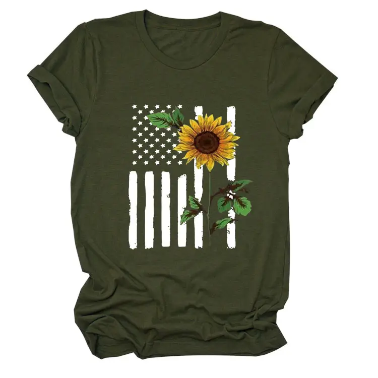 Women Sunflower Printed T-Shirt Orange Short Sleeve
