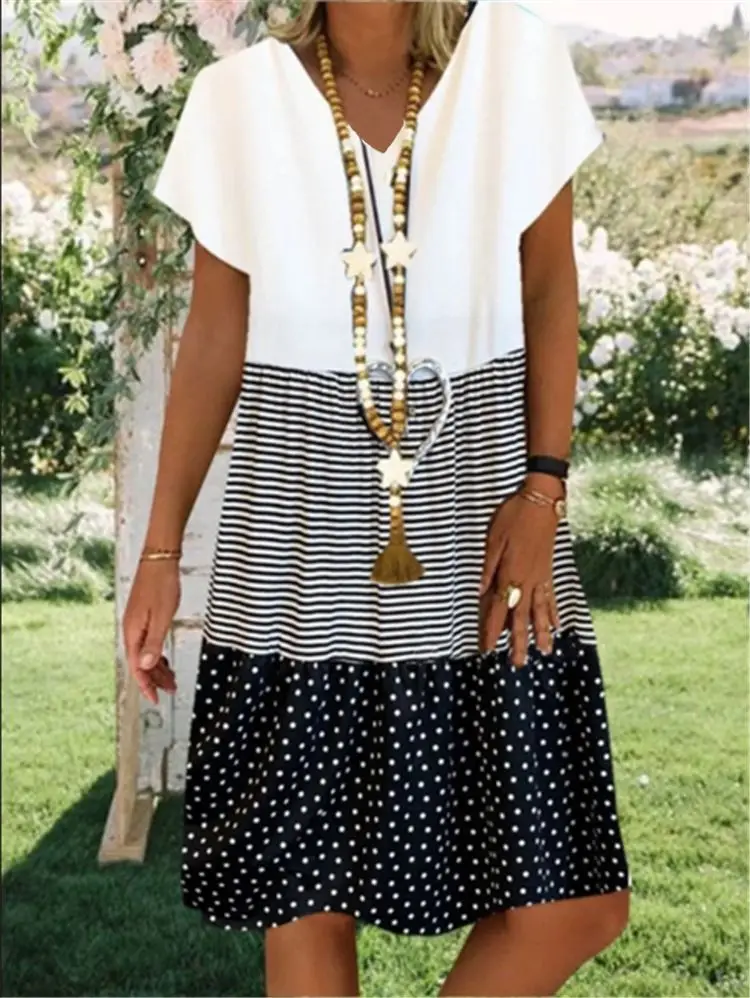Women V-neck Printed Shorts Dress Yellow White - Image 3