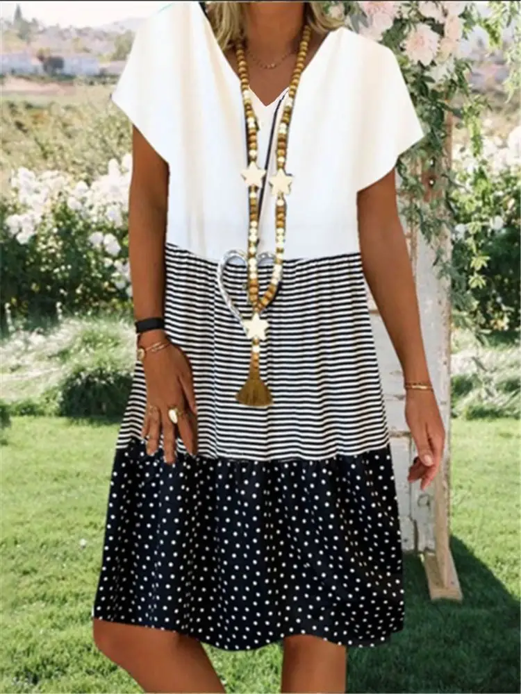 Women V-neck Printed Shorts Dress Yellow White - Image 5