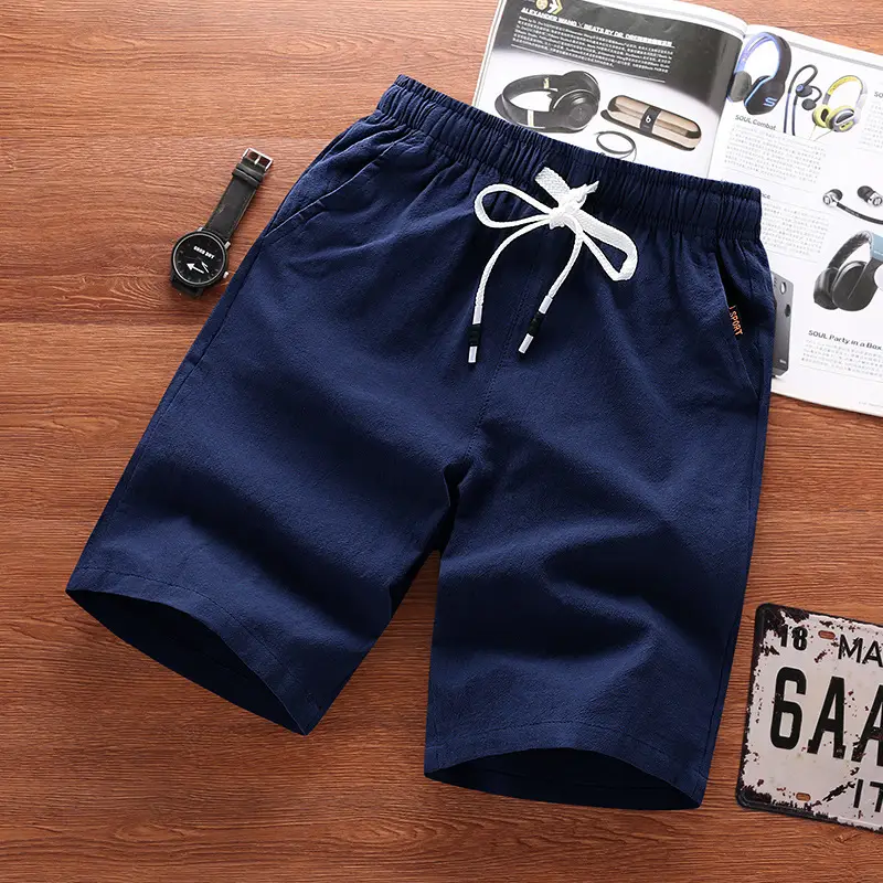 Men Cotton Drawstring Shorts Navy Blue Summer