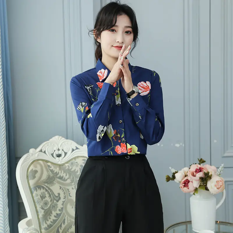 Dark Blue Printed Long Sleeve Women's Shirt with Slim Fit Bottom - Image 2