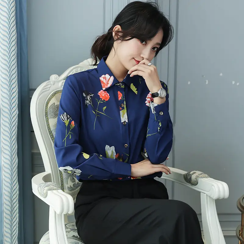 Dark Blue Printed Long Sleeve Women's Shirt with Slim Fit Bottom - Image 3