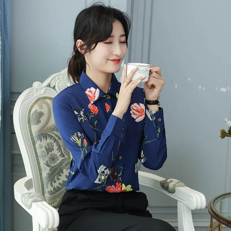 Dark Blue Printed Long Sleeve Women's Shirt with Slim Fit Bottom - Image 4