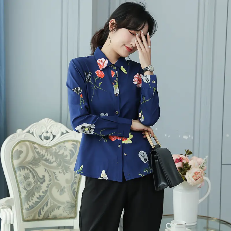 Dark Blue Printed Long Sleeve Women's Shirt with Slim Fit Bottom - Image 5