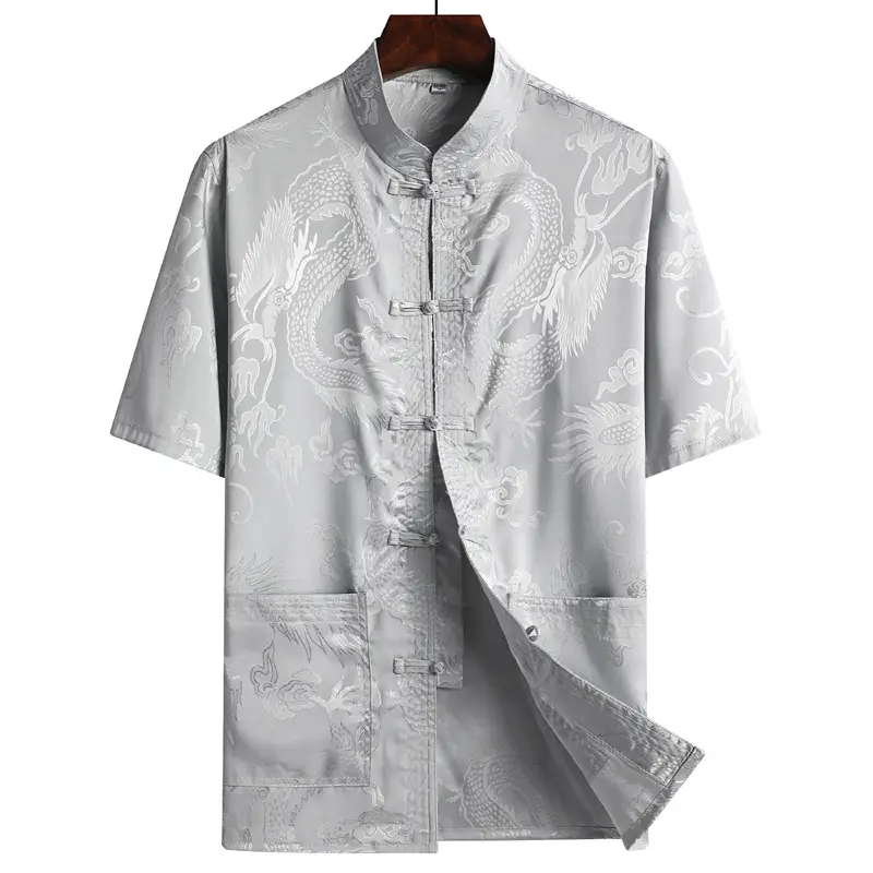 Men's Blue Dragon Print Tang Suit Shirt with Buckle - Image 3