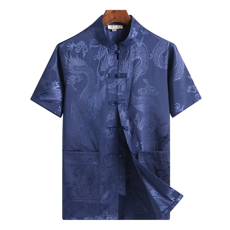 Men's Blue Dragon Print Tang Suit Shirt with Buckle - Image 2