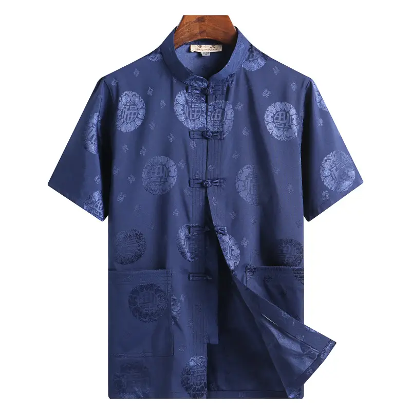 Men's Blue Dragon Print Tang Suit Shirt with Buckle - Image 7
