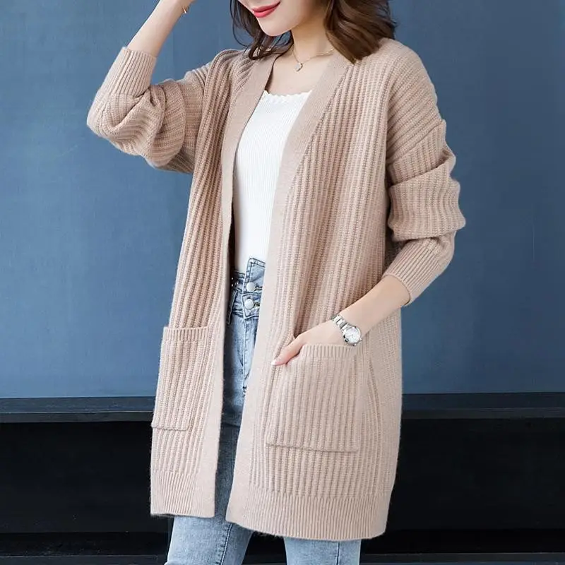 Women Knitted Long Sleeve Cardigan Sweater Beige - Image 9