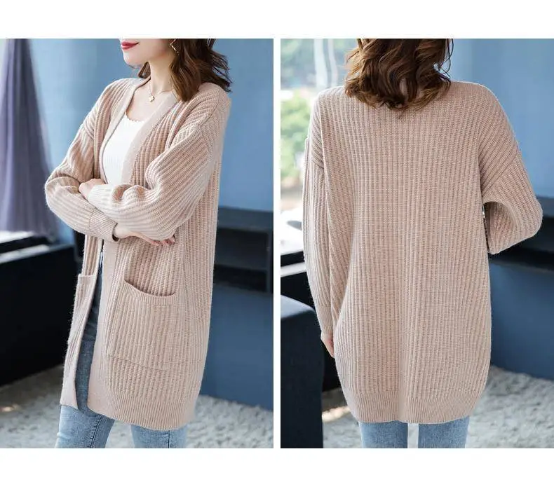Women Knitted Long Sleeve Cardigan Sweater Beige — feature 3