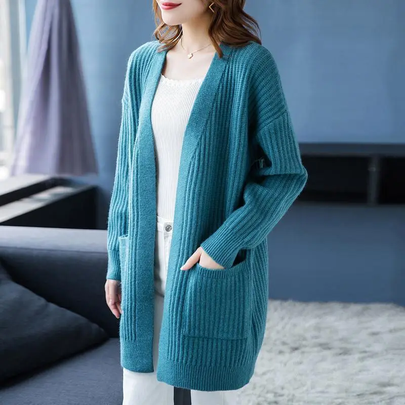 Women Knitted Long Sleeve Cardigan Sweater Beige - Image 2