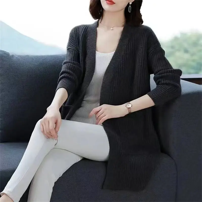 Women Knitted Long Sleeve Cardigan Sweater Beige - Image 3
