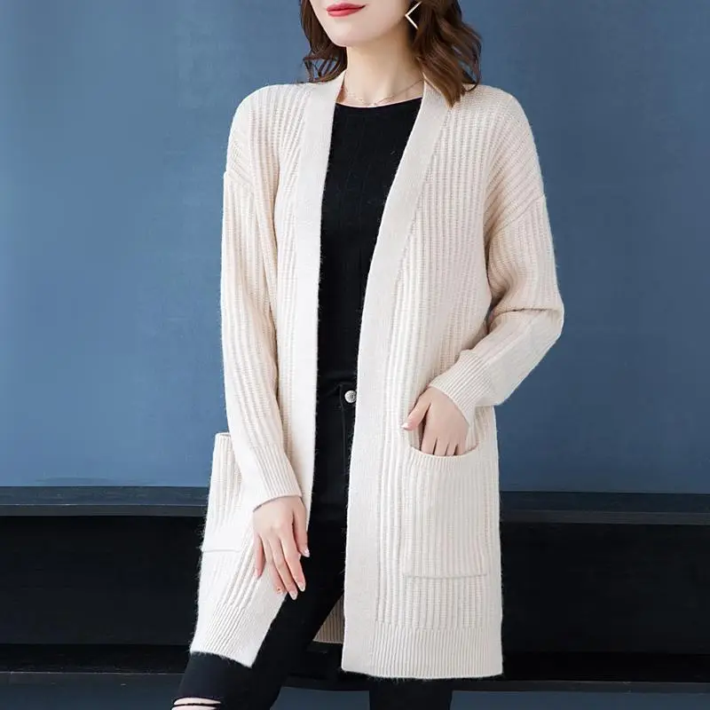 Women Knitted Long Sleeve Cardigan Sweater Beige - Image 5