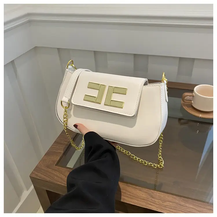 White Chain Shoulder Bag with Gold Embroidery - Image 6