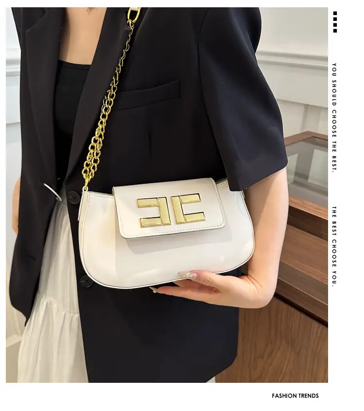 White Chain Shoulder Bag with Gold Embroidery — feature 1