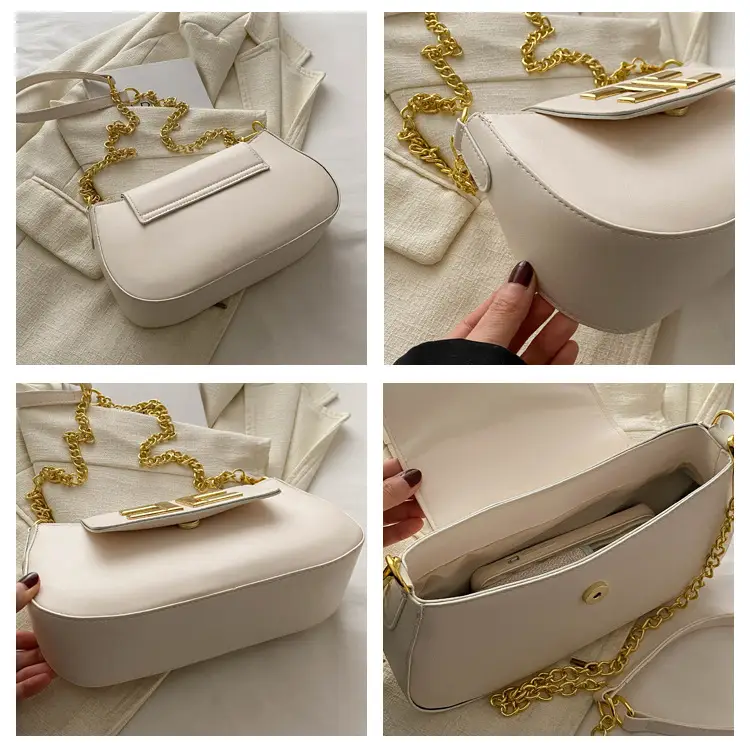 White Chain Shoulder Bag with Gold Embroidery — feature 8