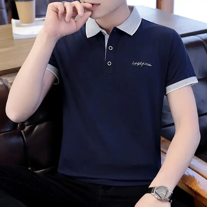 Men's 2024 Summer Grey Polo Shirt Slim Fit Pure Cotton