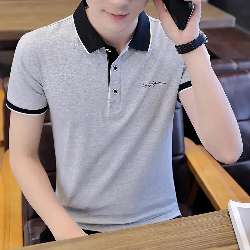 Men's 2024 Summer Grey Polo Shirt Slim Fit Pure Cotton