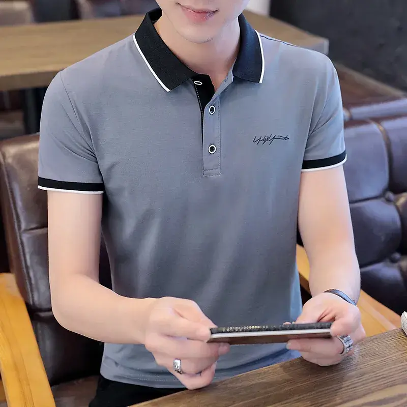 Men's 2024 Summer Grey Polo Shirt Slim Fit Pure Cotton